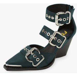 FSJ Cyan Pointed Toe Metal Buckle Hollow Out Strappy Medium Wedge Heel Pumps